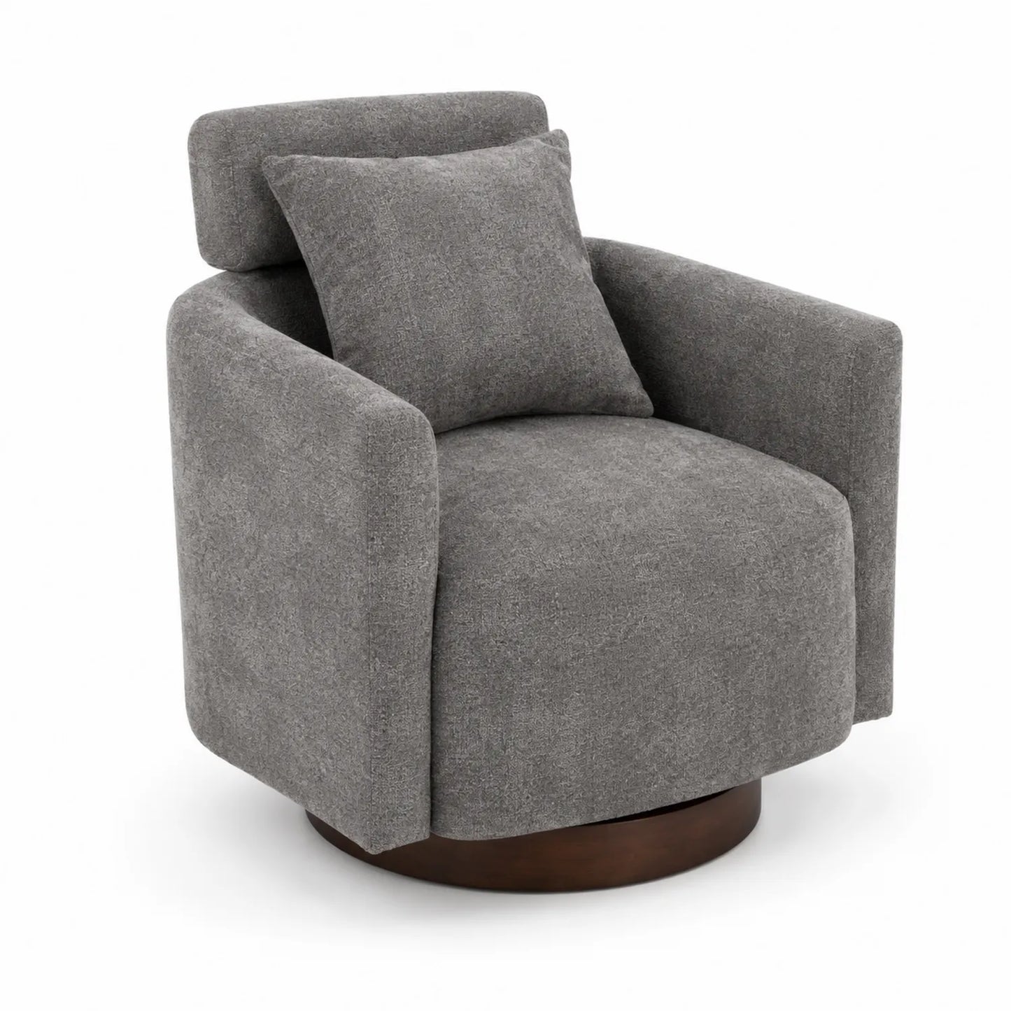 Poltrona Girevole in Tessuto Grigio con Base in Legno