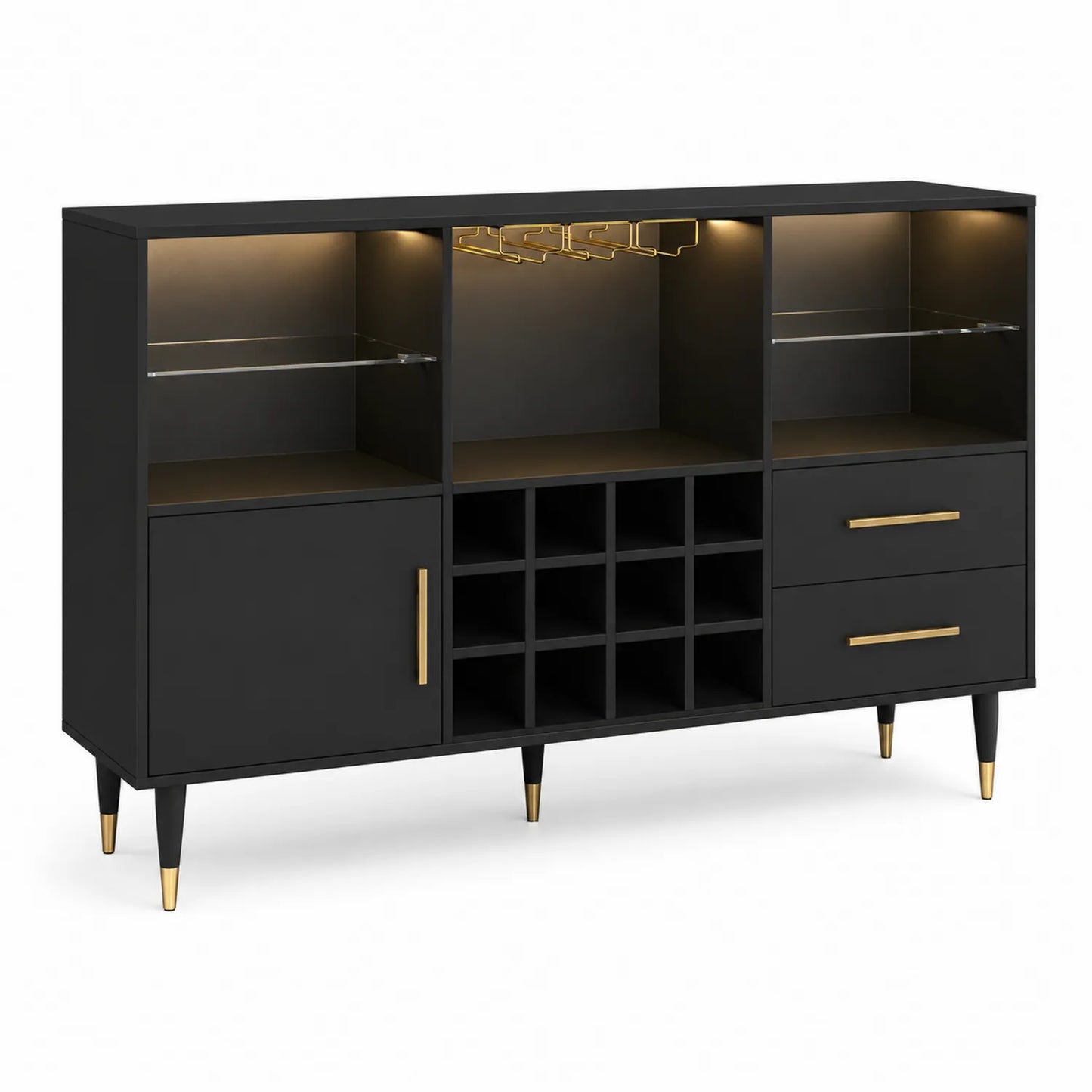 Mobile Bar in MDF Nero con Mensole in Vetro Temperato