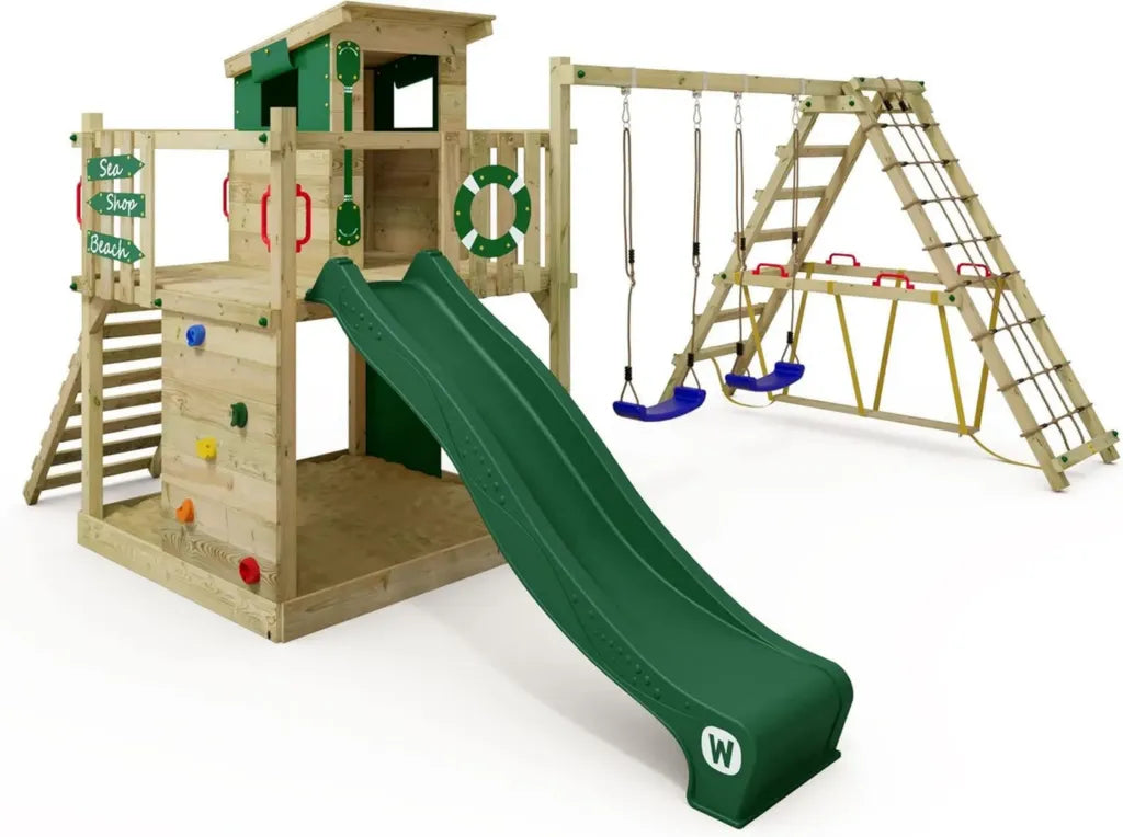Torre da gioco WICKEY Smart Surf per bambini con altalena, scivolo verde e sabbiera