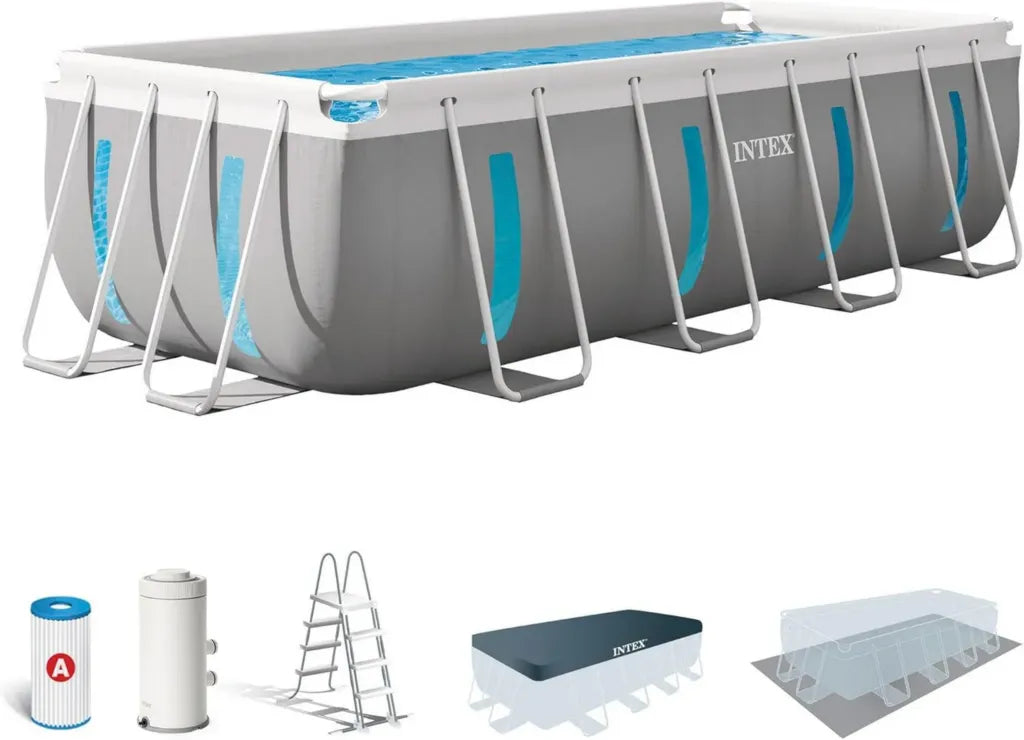 Intex Piscina Rettangolare Prisma Frame con Accessori, 400x200x122 cm, Grigio