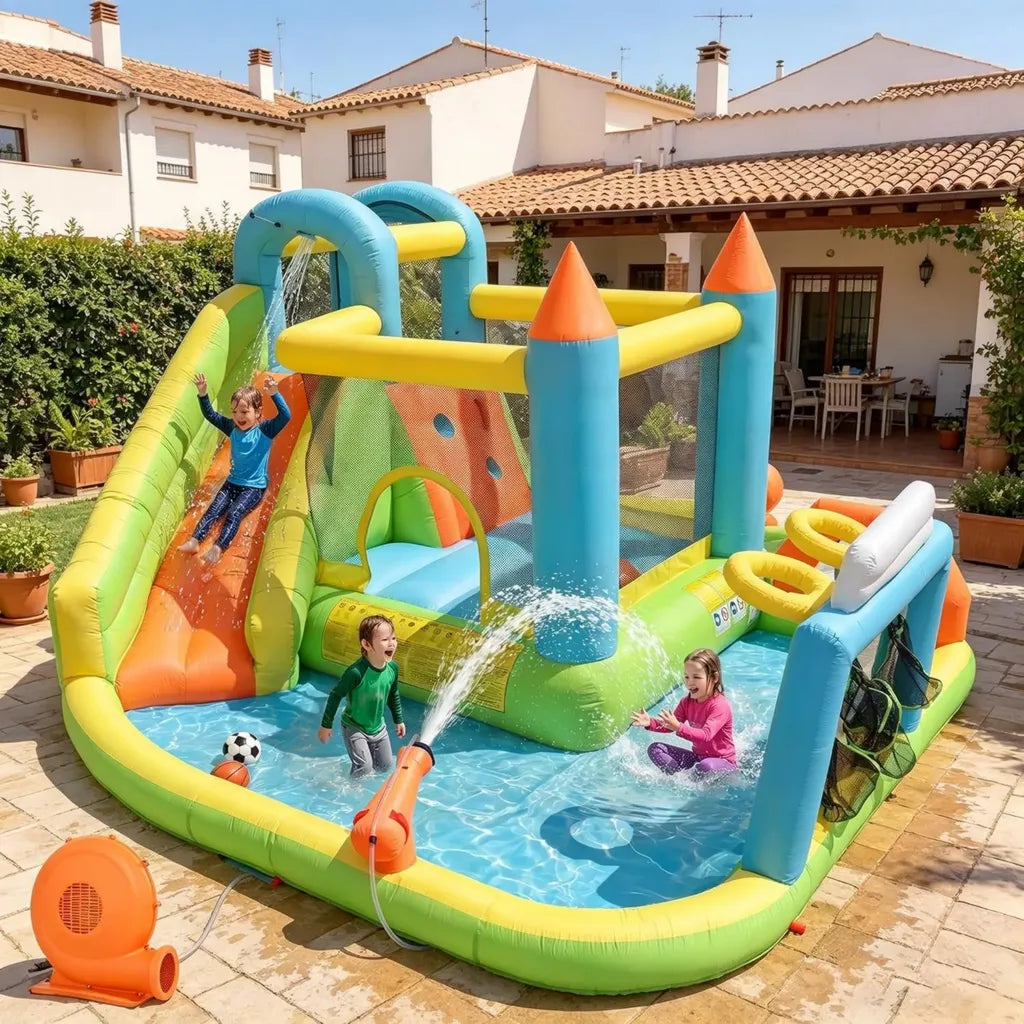 Parco Giochi Acquatico Gonfiabile per Bambini 360x320x200cm con Scivolo e Ventilatore