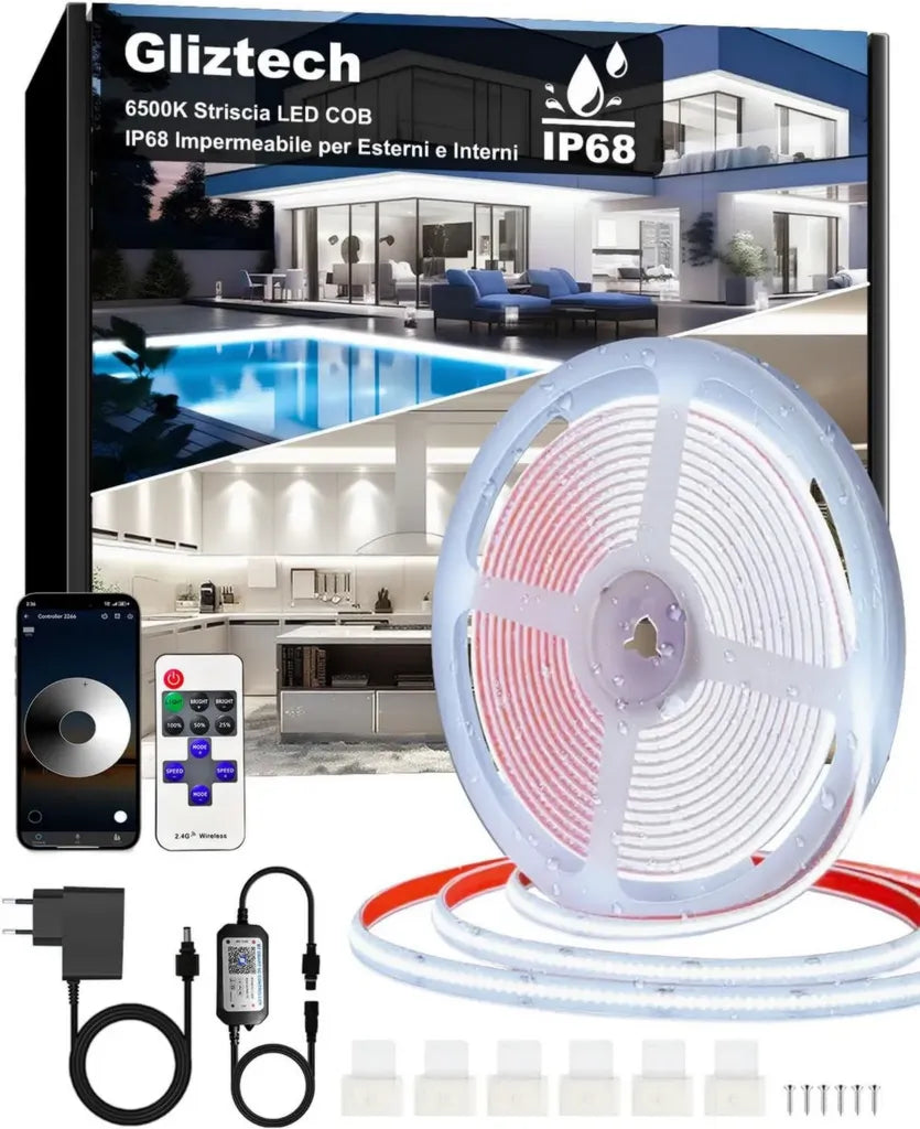 Gliztech Striscia LED COB 15M IP68 6500K Bianca, Autoadesiva, 24V, Controllo App e Telecomando per Esterni