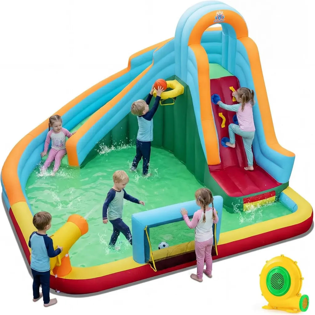 Castello Gonfiabile per Bambini con Scivolo e Piscina, Include Parete da Arrampicata e Soffiatore 680W
