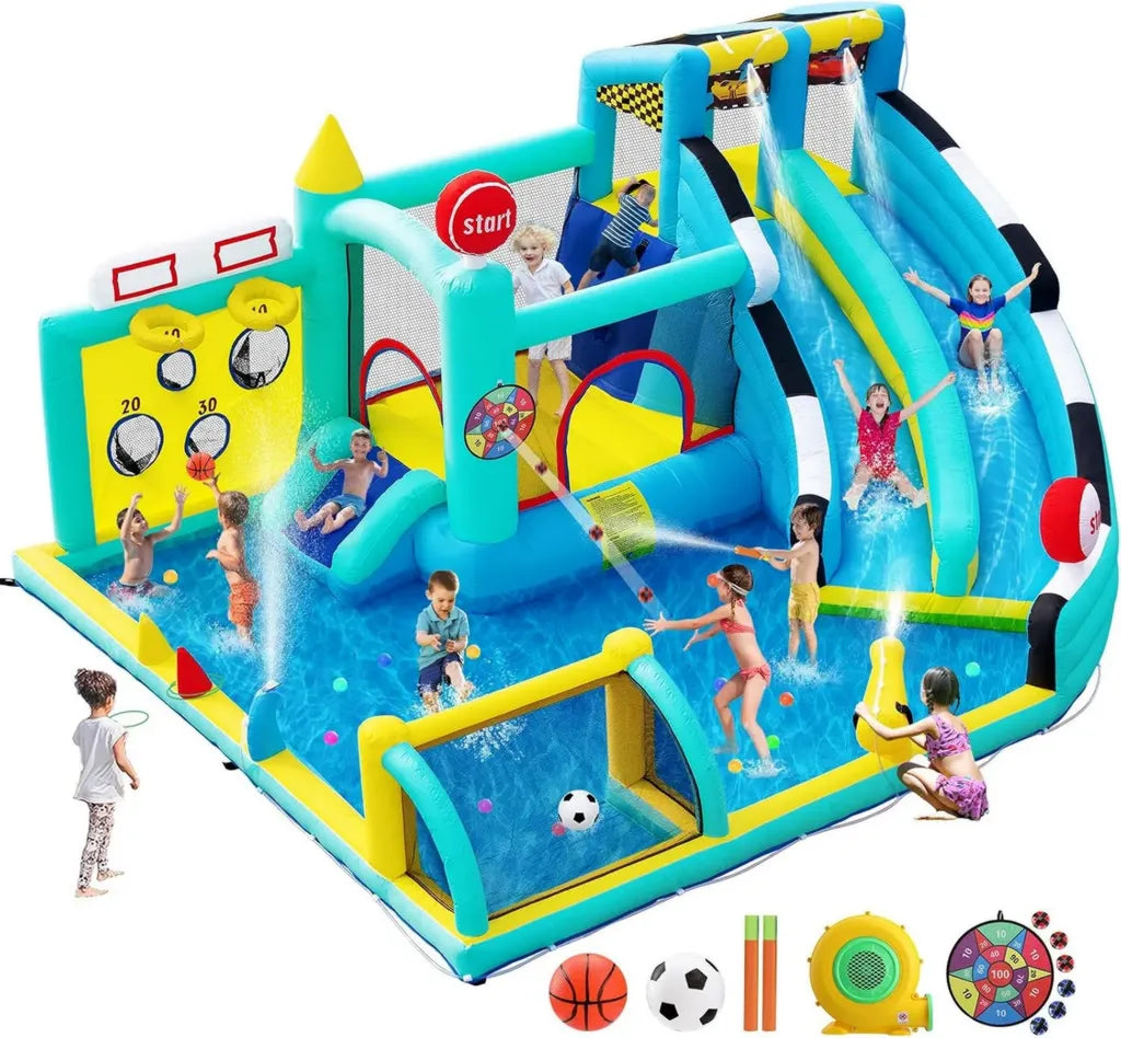 Parco Giochi Gonfiabile per Bambini con Scivolo Acquatico, Piscina e Arrampicata