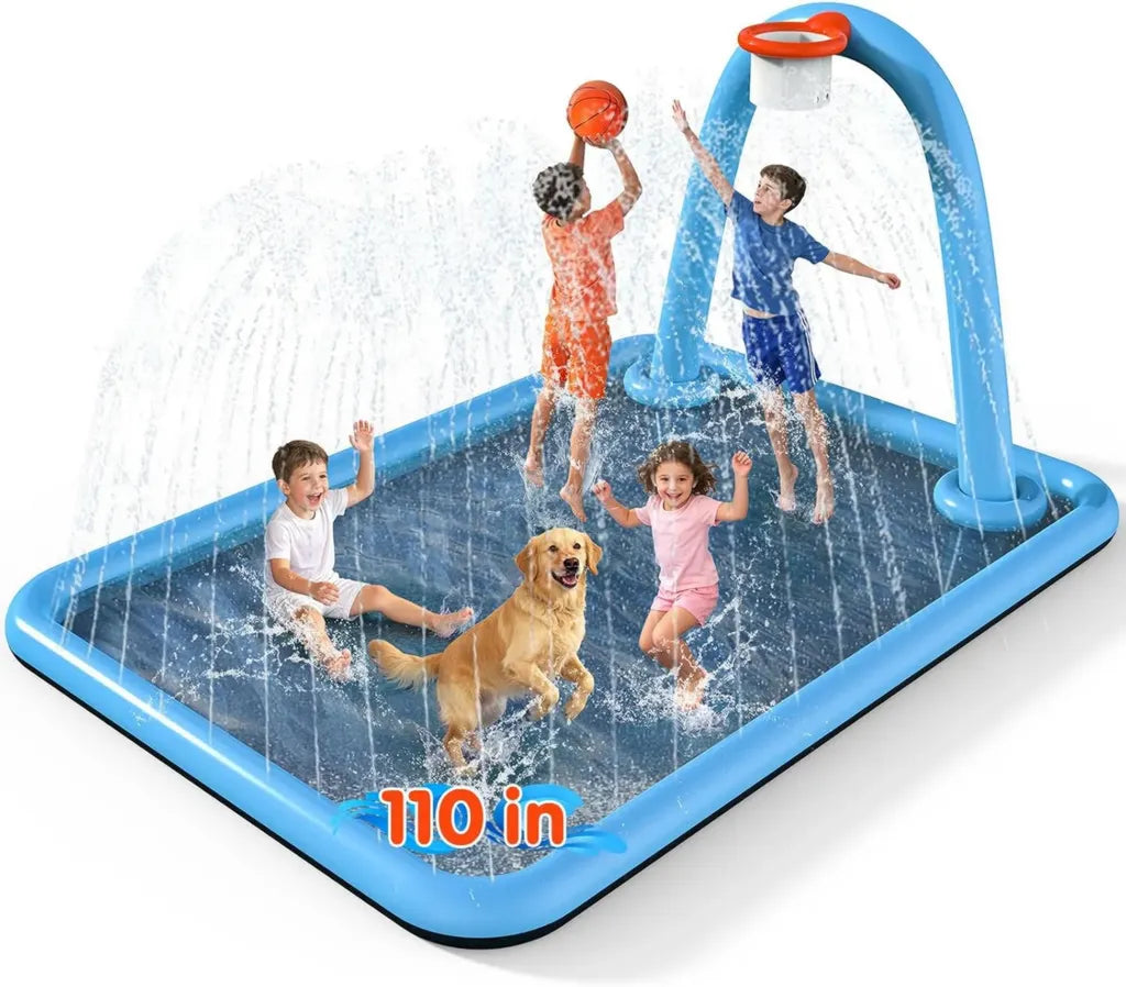 Tappeto Spruzzi Gonfiabile 2 in 1 con Canestro e Arco per Bambini, 280x230 cm