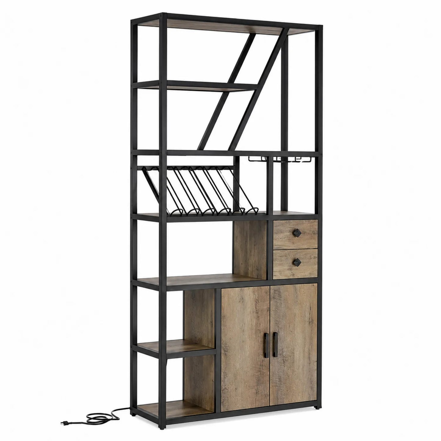 Scaffale in Metallo e Legno con Portabottiglie e Armadietto