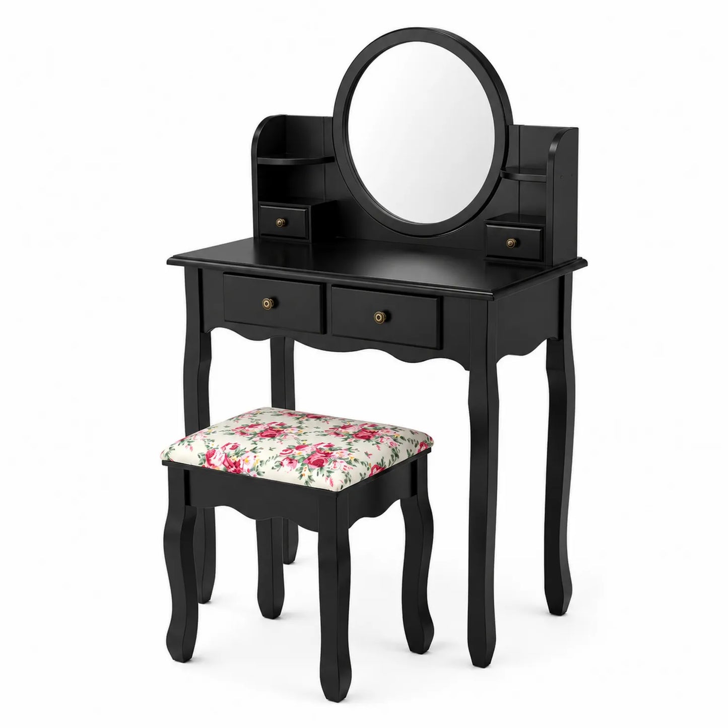 Tavolo da Trucco in Legno Nero con Specchio Rotondo e Sgabello Floreale