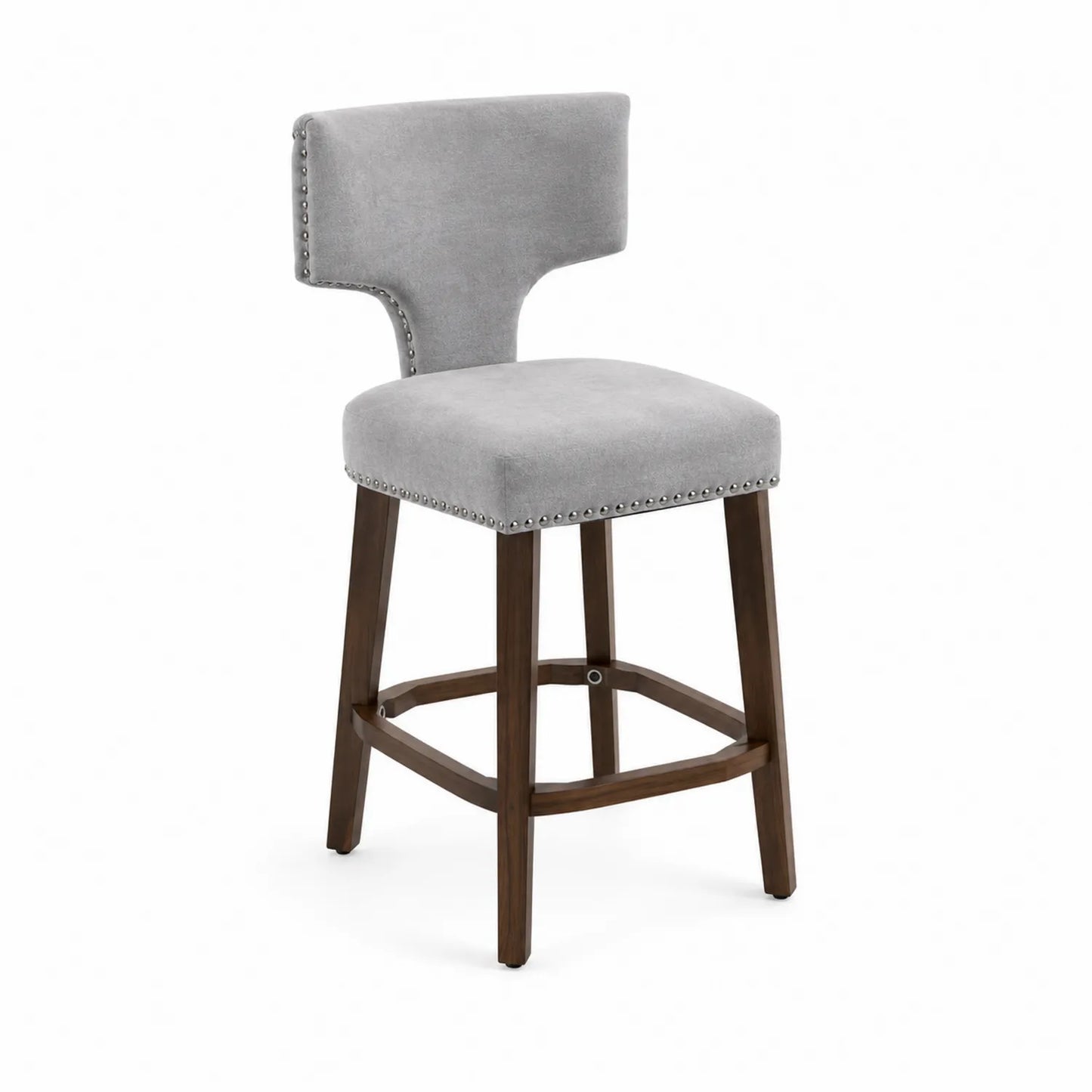 Sgabello in Legno con Rivestimento in Velour Grigio