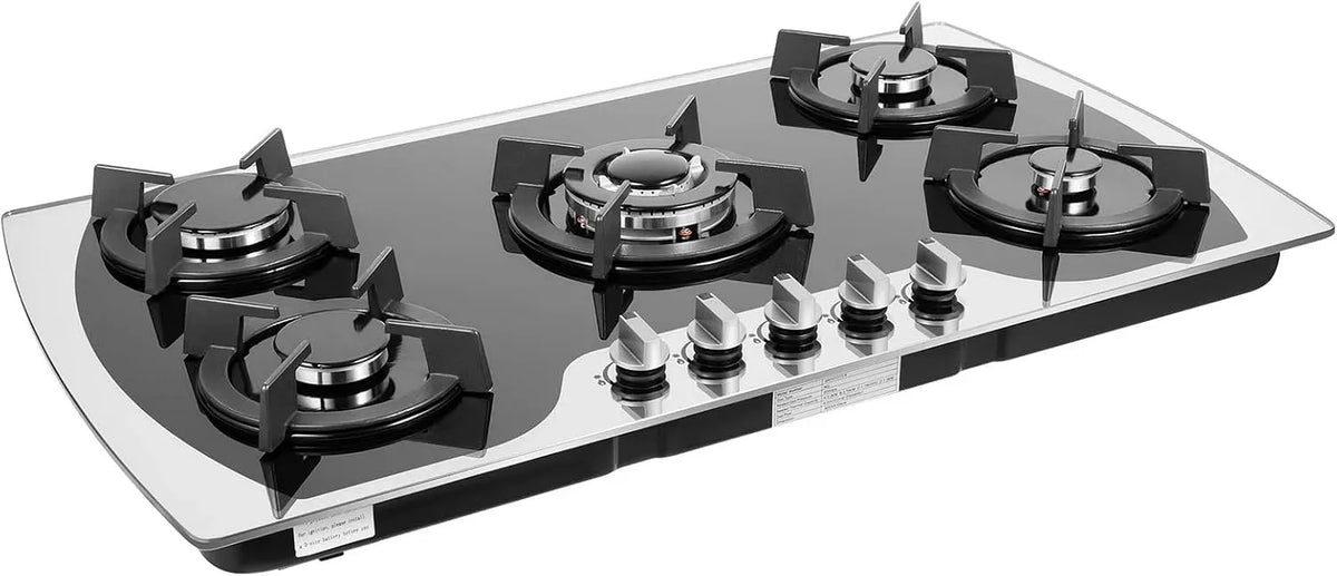 Piano cottura a gas, 90 cm, 5 fuochi, da incasso, libera installazione, fornello a gas, nero, 5 fuochi con 5 bruciatori, GPL/NG