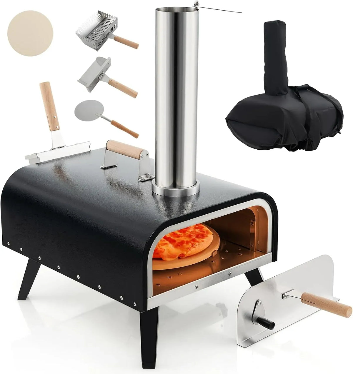 Forno elettrico per pizza, 30 cm, GYMAX, portatile, esterno, acciaio inox, Pietra Girevole 30 cm, Portatile in Acciaio Inossidabile con Borsa