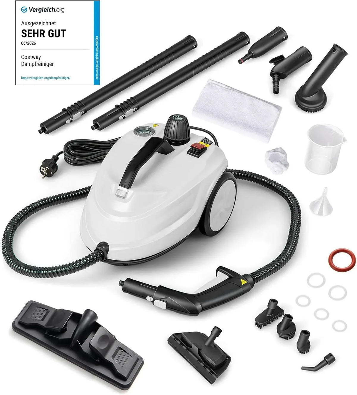 Pulitore a vapore, 1,8 L, 2000 W, COSTWAY, multiuso, uso su pavimenti, cucina, auto, finestre e divano, bianco, Capacità d'Acqua di 1,8L