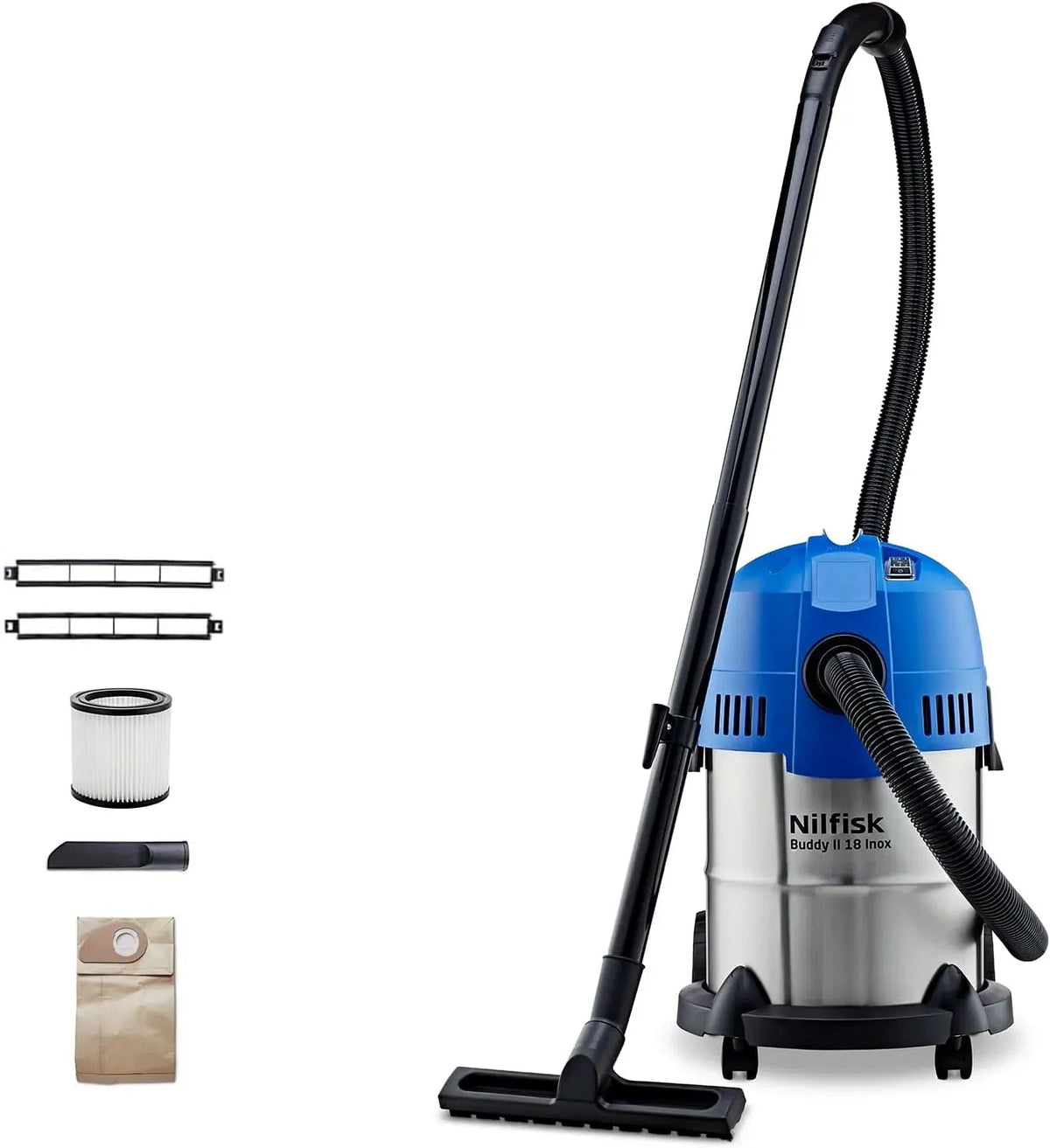 II 18L Nilfisk Buddy Inox Aspiratore Solidi e Liquidi, Funzioni di Aspirazione e Soffiaggio per Interni ed Esterni, per Casa, 1200 W, Giardino e Auto