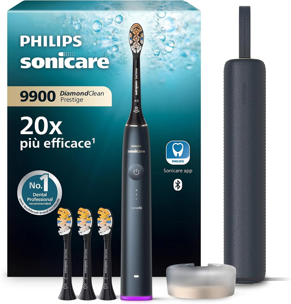 Philips HX9992/45 Midnight Blue, Spazzolino elettrico con tecnologia SenseIQ e app, Sonicare DiamondClean 9900 Prestige, 5 modalità di pulizia
