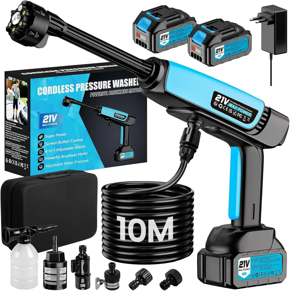Idropulitrice 4000mAh 10M, 21 V, portatile, Senza Fili Potente Pulivapor Portatile, 2x Ricaricabile Ugello 6 in 1 Tubo da