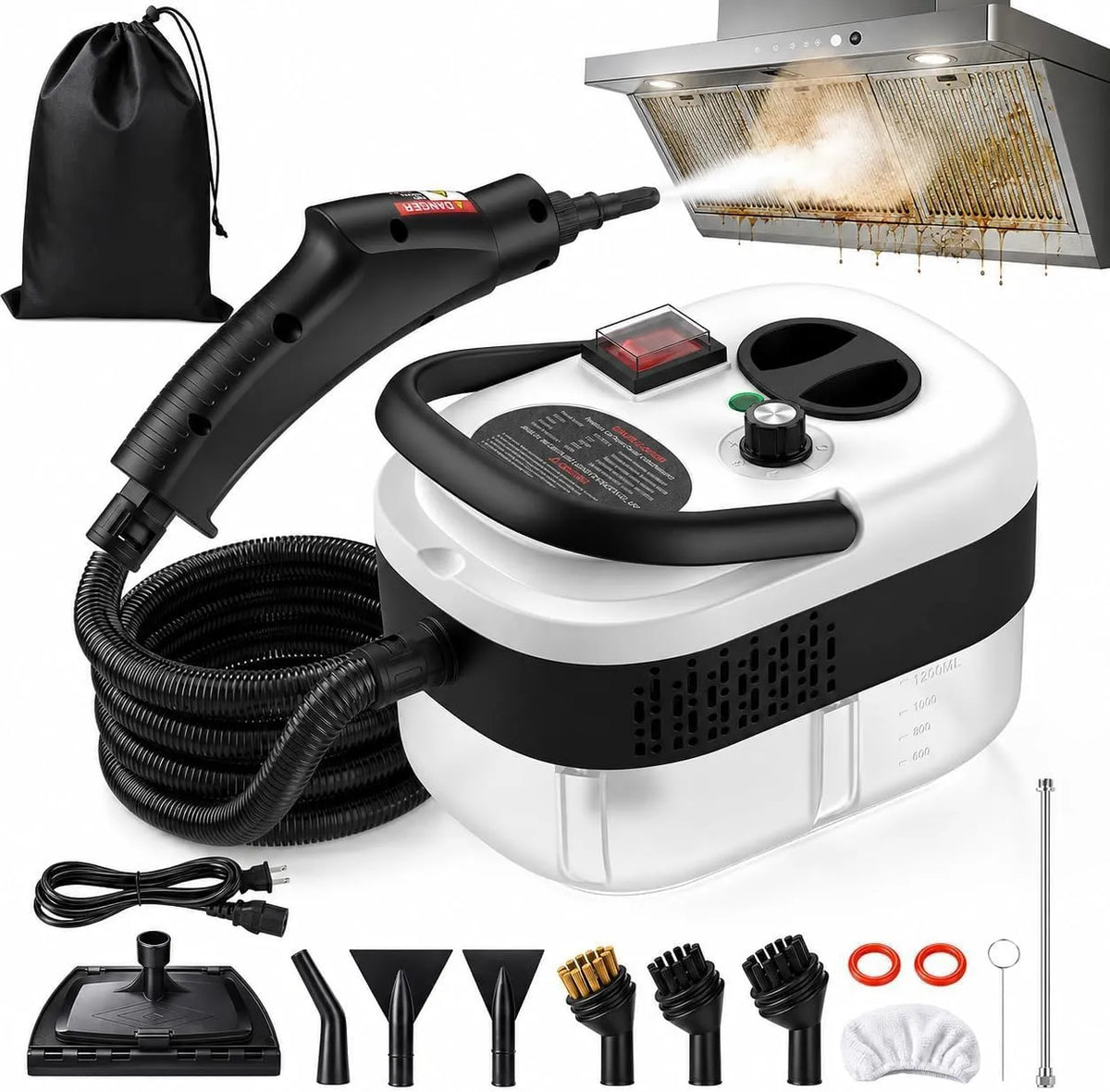 Pulitore a vapore, 2500 W, portatile, uso su pavimenti, cucina, auto, finestre e divano, 6 Livelli Vapore Regolabili con 3 Spazzole