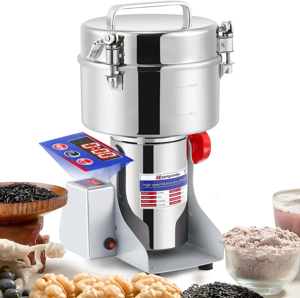 Mulino, macinatore elettrico, 3600 W, 2500 g, acciaio inox, per Cereali, Moongiantgo