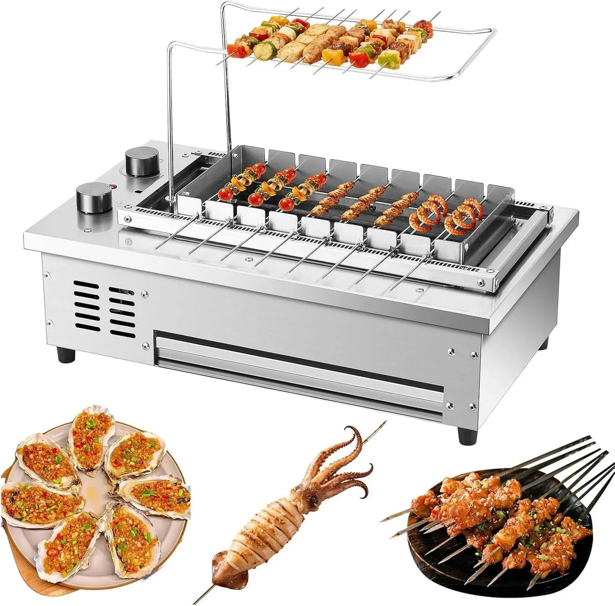 Forno elettrico, Barbecue Elettrico Senza Fumo con Girarrosto, 8 Spiedini