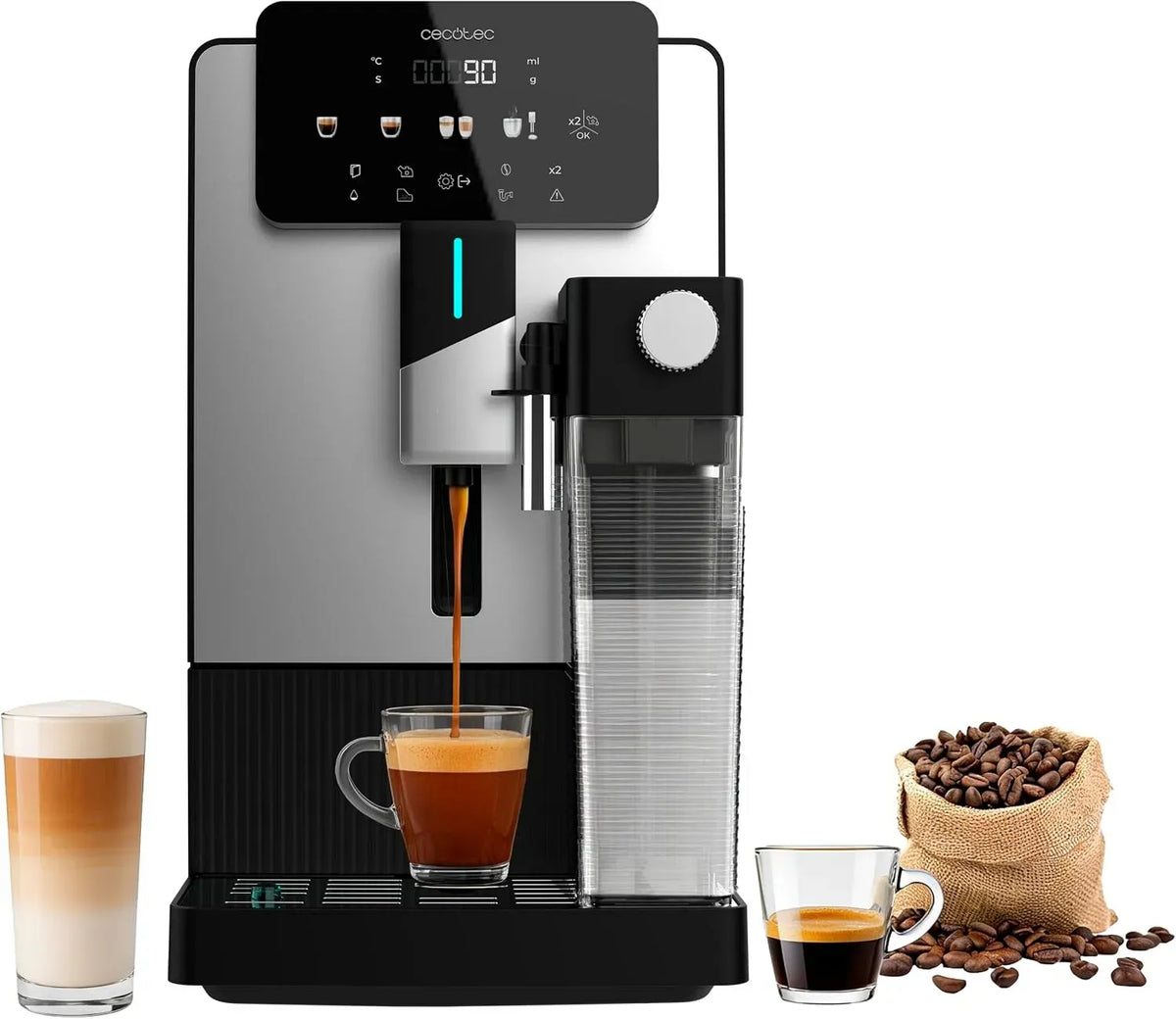 Cecotec Macchina da caffè, 1500 W, ampio serbatoio, 19bar, Serbatoio Latte 400ml, Contenitore Caffè 150g, 6 Bevande