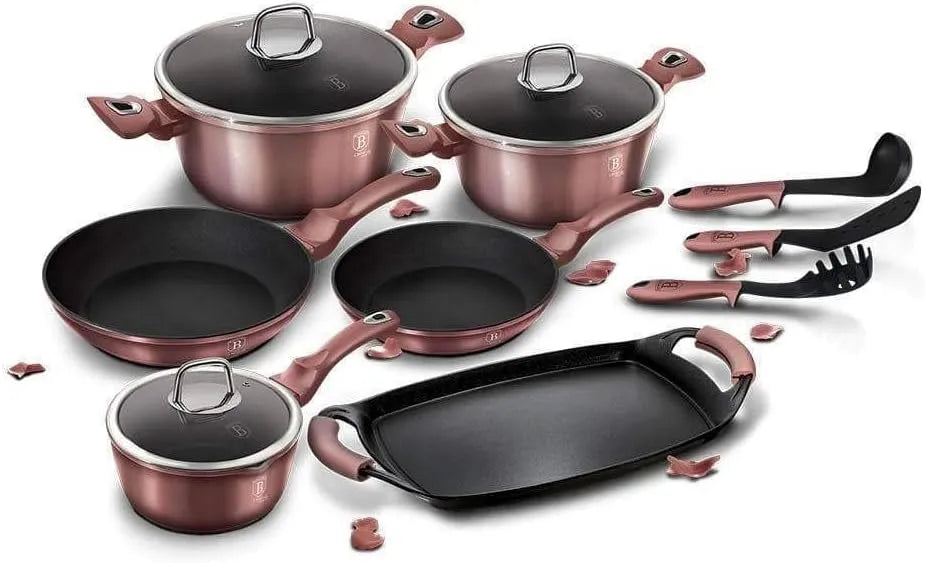 12-Piece BerlingerHaus I-Rose Set di Pentole Induzione Antiaderente Titanio PFOA-free, Alluminio, Casseruoli, Casseruola con Manico Lungo