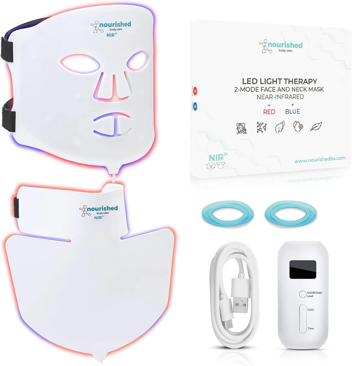 Anti-Età, Nourished Bodynskin Maschera LED per Viso e Collo con Infrarossi Vicini, 228 LED, Terapia della Luce Blu, Rossa per il Viso