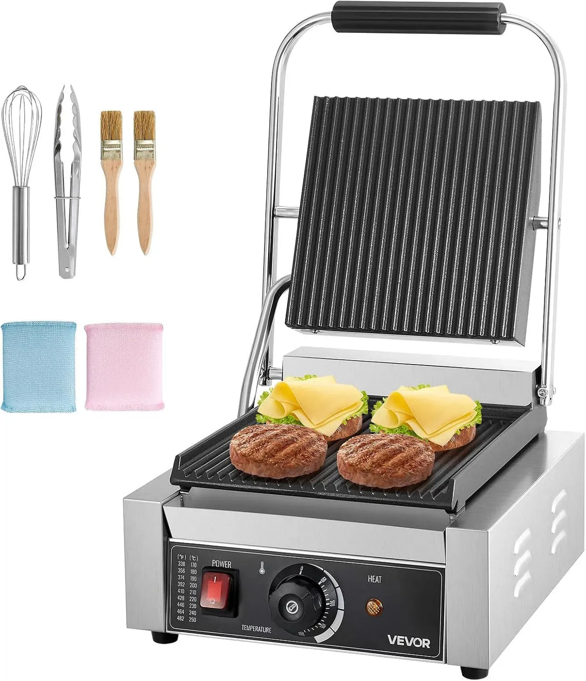 VEVOR Piastra, piastra per panini e sandwich, 22 x 23 cm, 1800 W, professionale, acciaio inox, per Panini Professionale