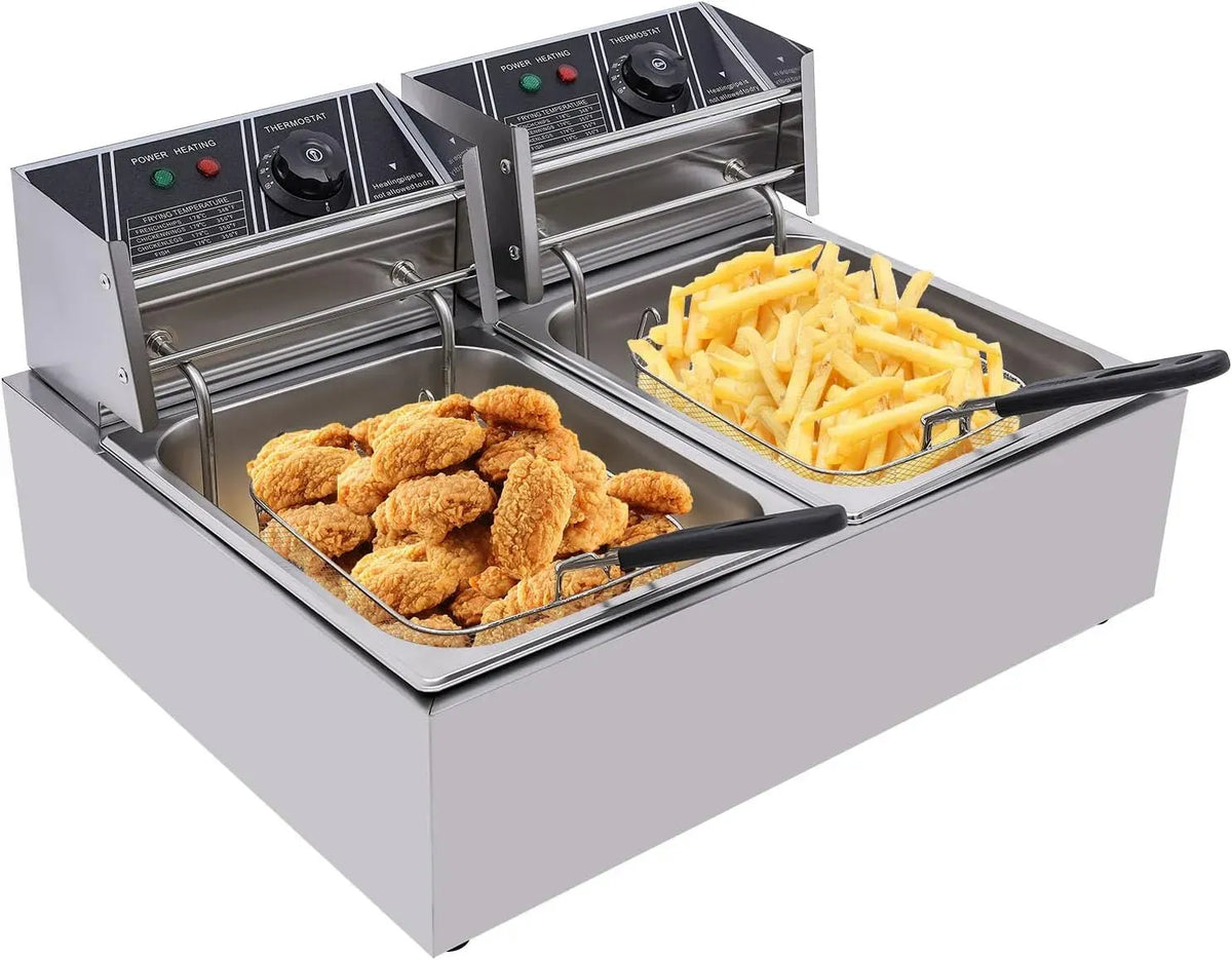 con cestello, in acciaio inox, per uso domestico e commerciale, Friggitrice elettrica da 5000 W, 2 friggitrici professionali da 6 l, doppio serbatoio