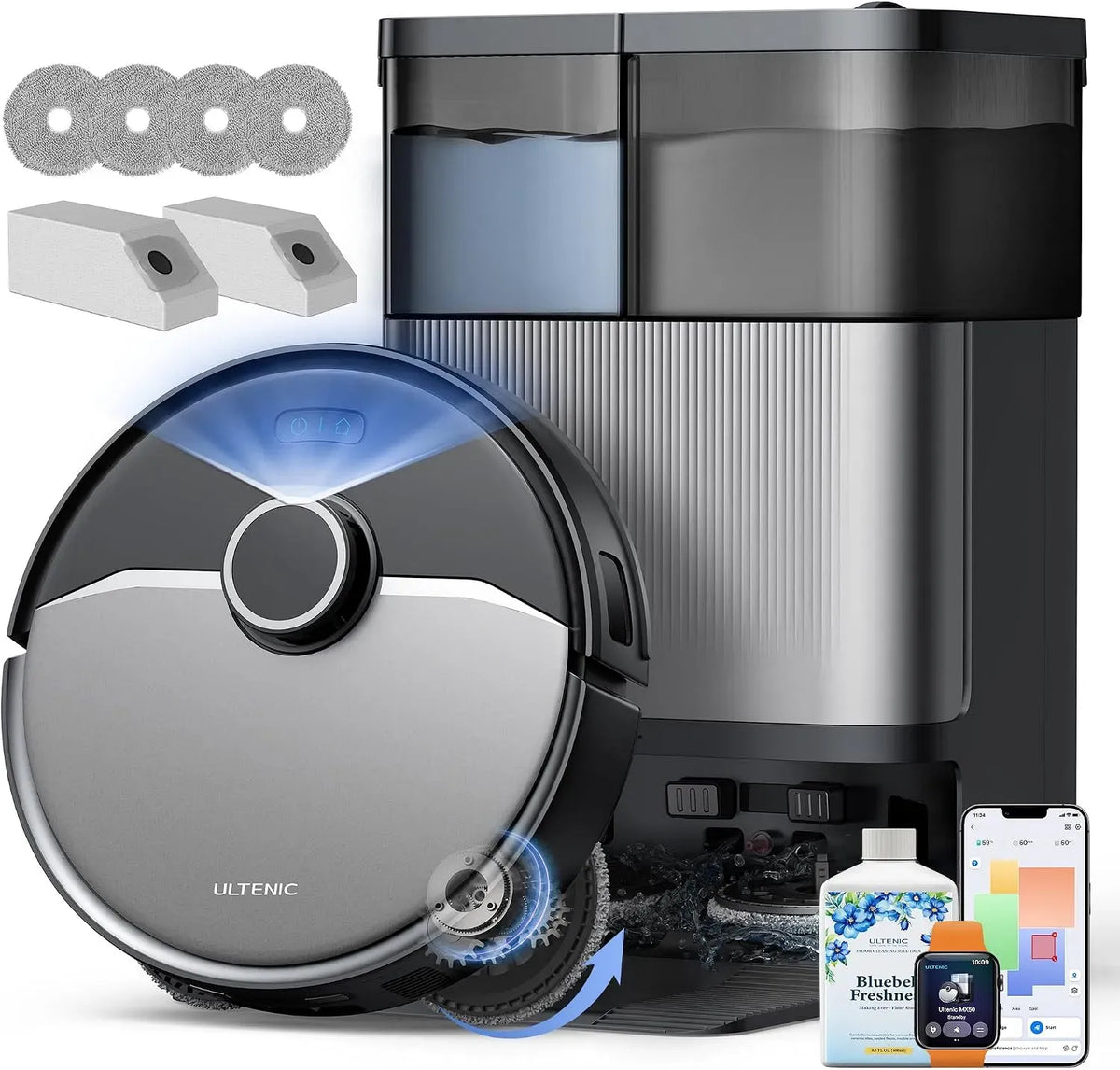 Robot aspirapolvere, Ultenic MX50, Stazione All-in-One con Svuotamento Auto 90 Giorni, Lavaggio Moci a 65°C, 000 Pa