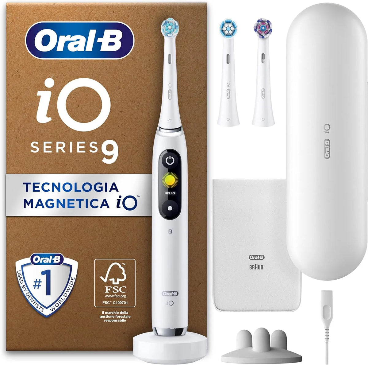 Accessorio per elettrodomestico, bianco, Oral-B Spazzolino Elettrico Ricaricabile iO 9 Bianco, 1 Custodia Da Viaggio con Caricatore, 1 Spazzolino