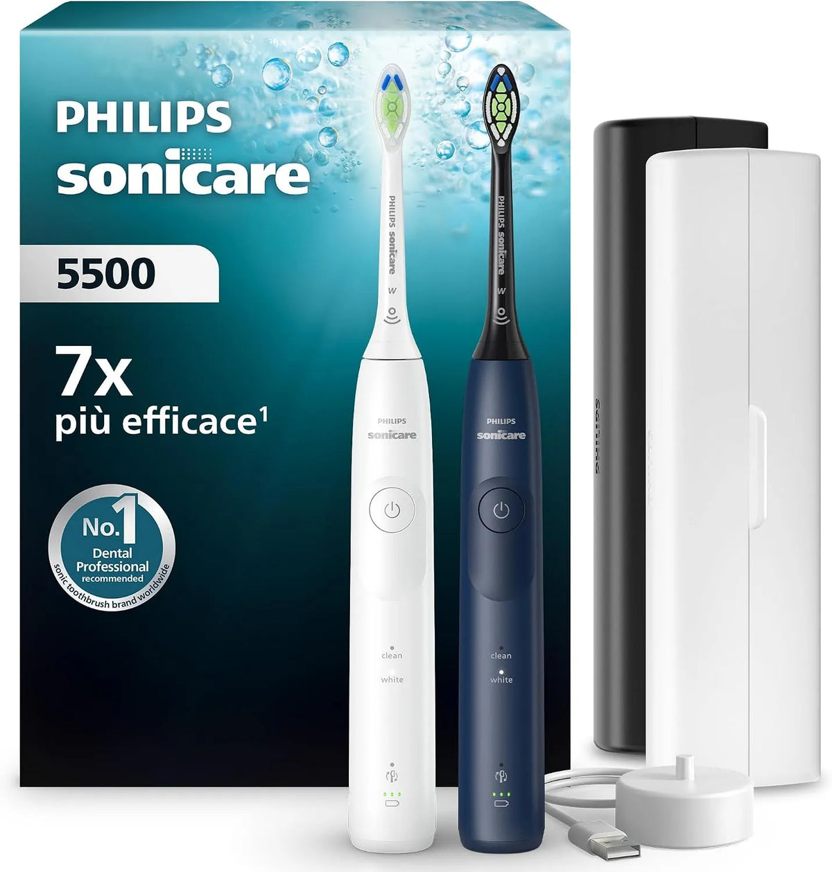 Philips HX7119/01 EasyStart, avviso di pressione, Sonicare 5500, spazzolino elettrico sonico con 2 modalità, confezione da 2, Smartimer e BrushPacer