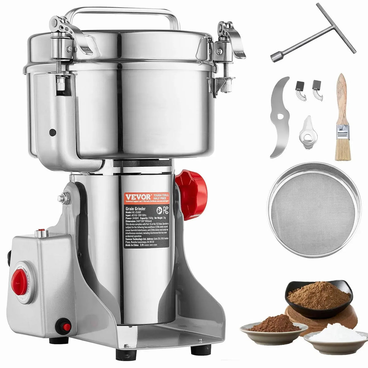 VEVOR Macchina per Polverizzazione, Mulino, macinatore elettrico, macchina da caffè elettrica, 3400 W, 2500 g, professionale, acciaio inox
