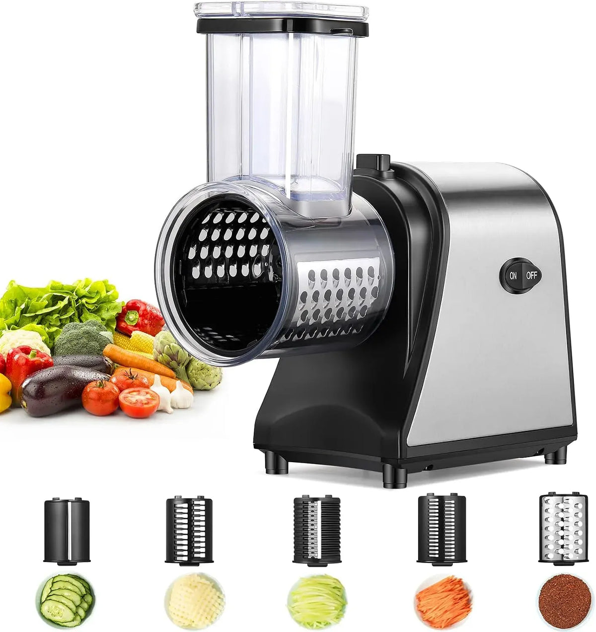 Rapido Meal Prep, Grattugia Formaggio in Acciaio Inox & Mandolina dotato di 5 Lame, Elettrico Professionale 250W, Apertura Extra Larga 9,2cm per