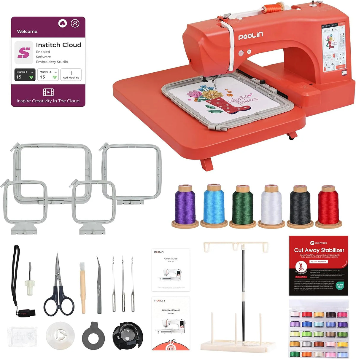 EOC06 Macchina da ricamo, ricamatrice elettrica, touch, dimensioni personalizzabili, rosso, PooLin