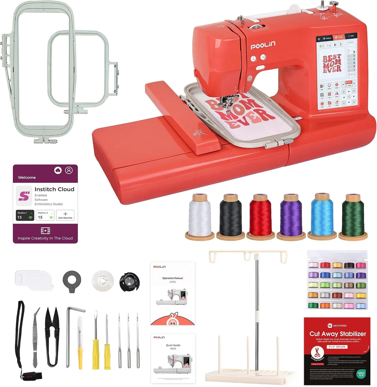 EOC05 Macchina da ricamo, ricamatrice elettrica, 10×10 cm, 23,5 cm, touch, Wi-Fi, USB, display LCD, rosso, per principianti ed esperti, PooLin