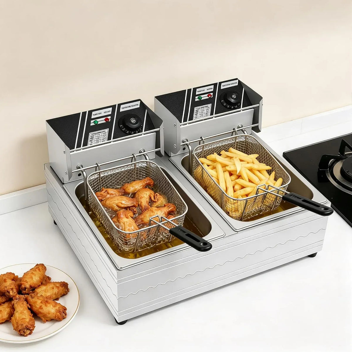 Friggitrice elettrica commerciale, in acciaio inox, 6 l + 6 l, 5000 W, 220 V, per ristoranti rapidi, snack bar, 60 °C, 200 °C