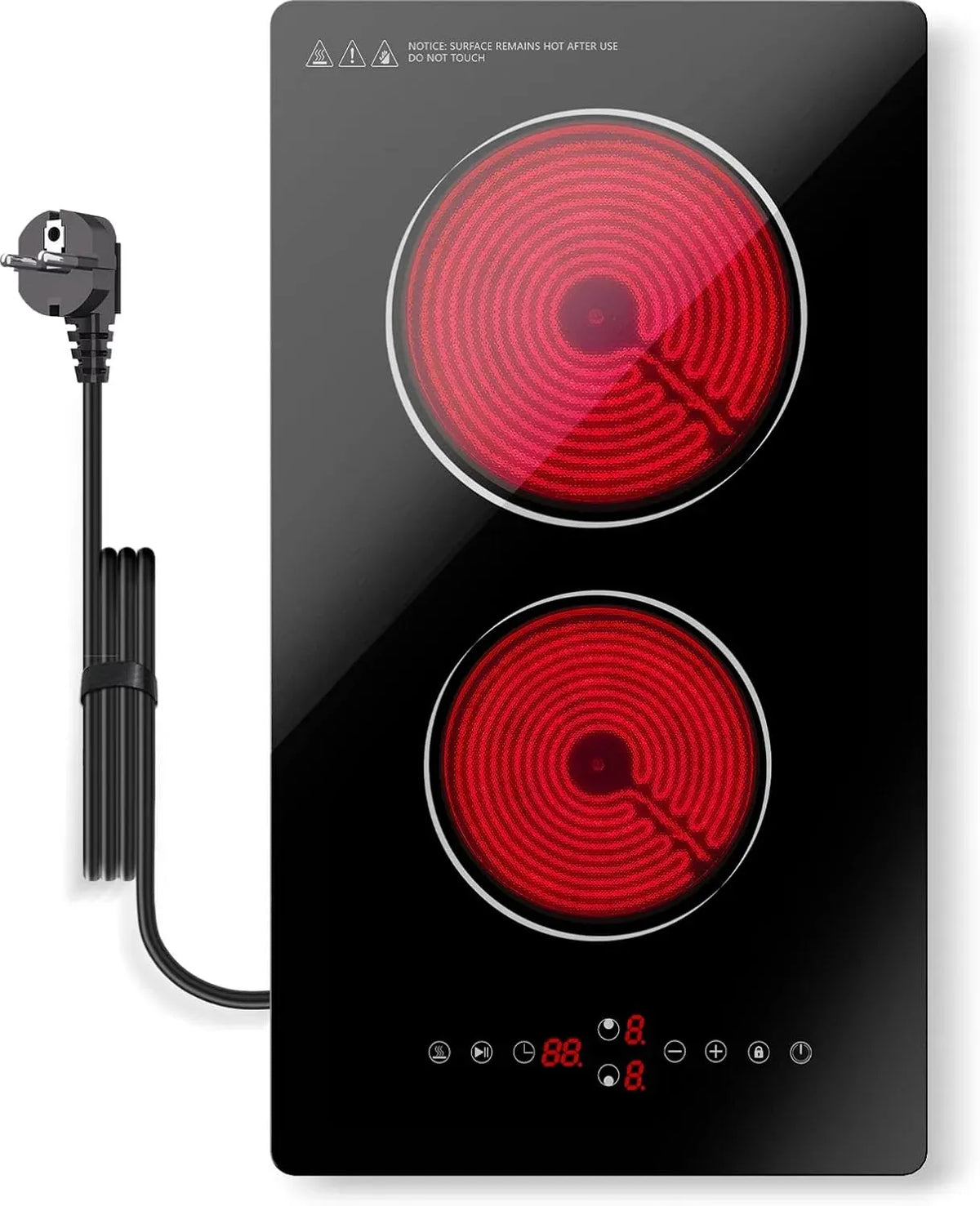 Piano cottura elettrico Touch-BT1, 30 cm, 2 fuochi, 3000 W, da incasso, timer, blocco bambini, piastra elettrica