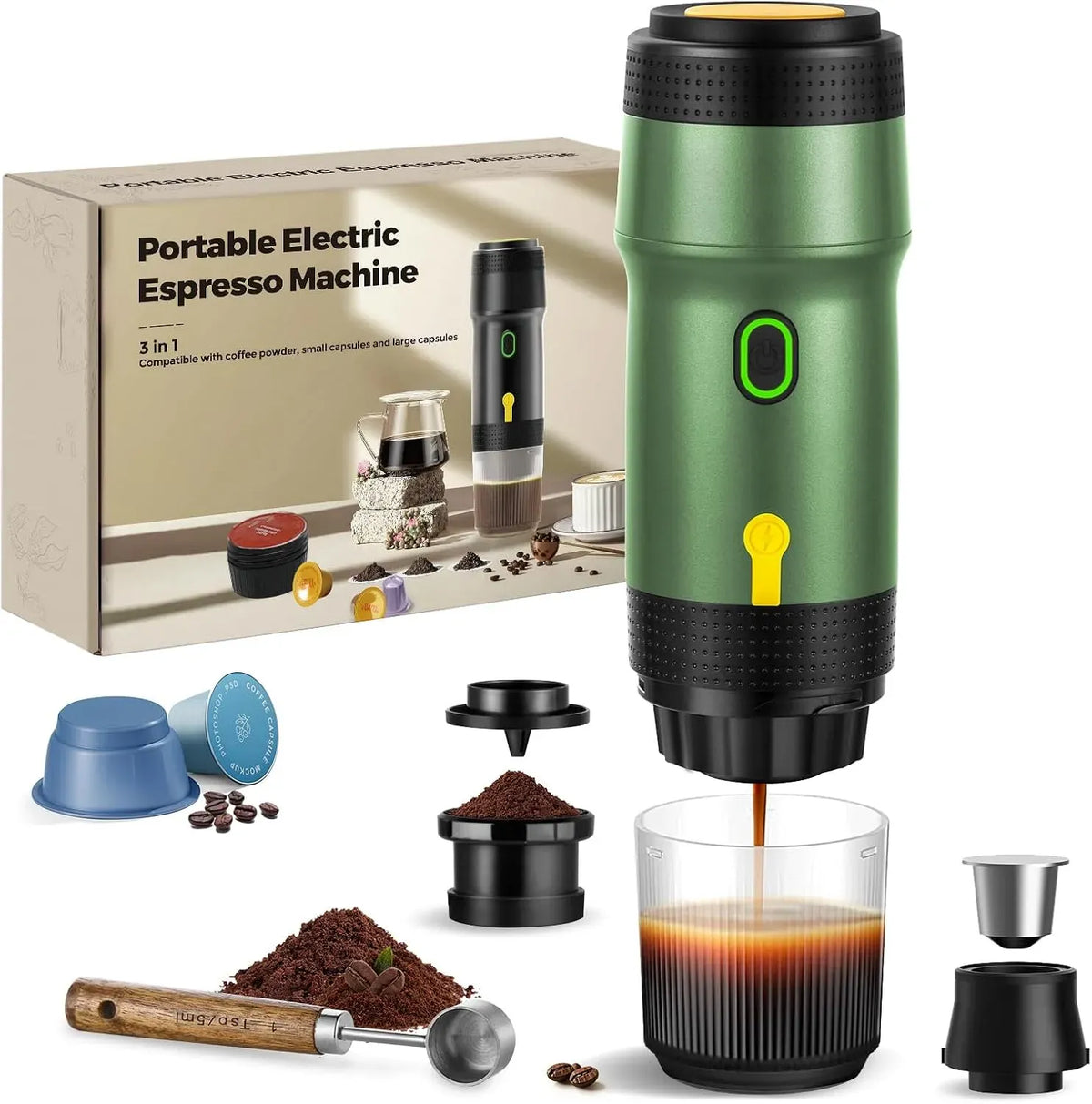 3-in-1 7500mAh macchina da caffè elettrica, Batteria, 20 BAR, portatile, USB, verde, per Capsule e Caffè Macinato, ICARE