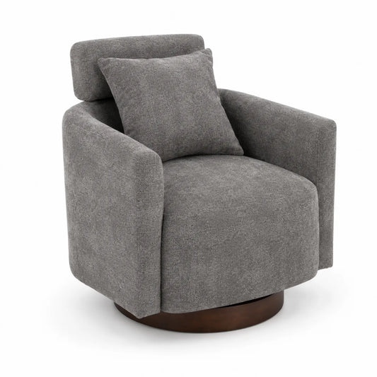 Poltrona Girevole in Tessuto Grigio con Base in Legno