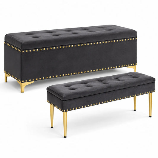 Set di Panche in Velluto con Struttura in Metallo Dorato