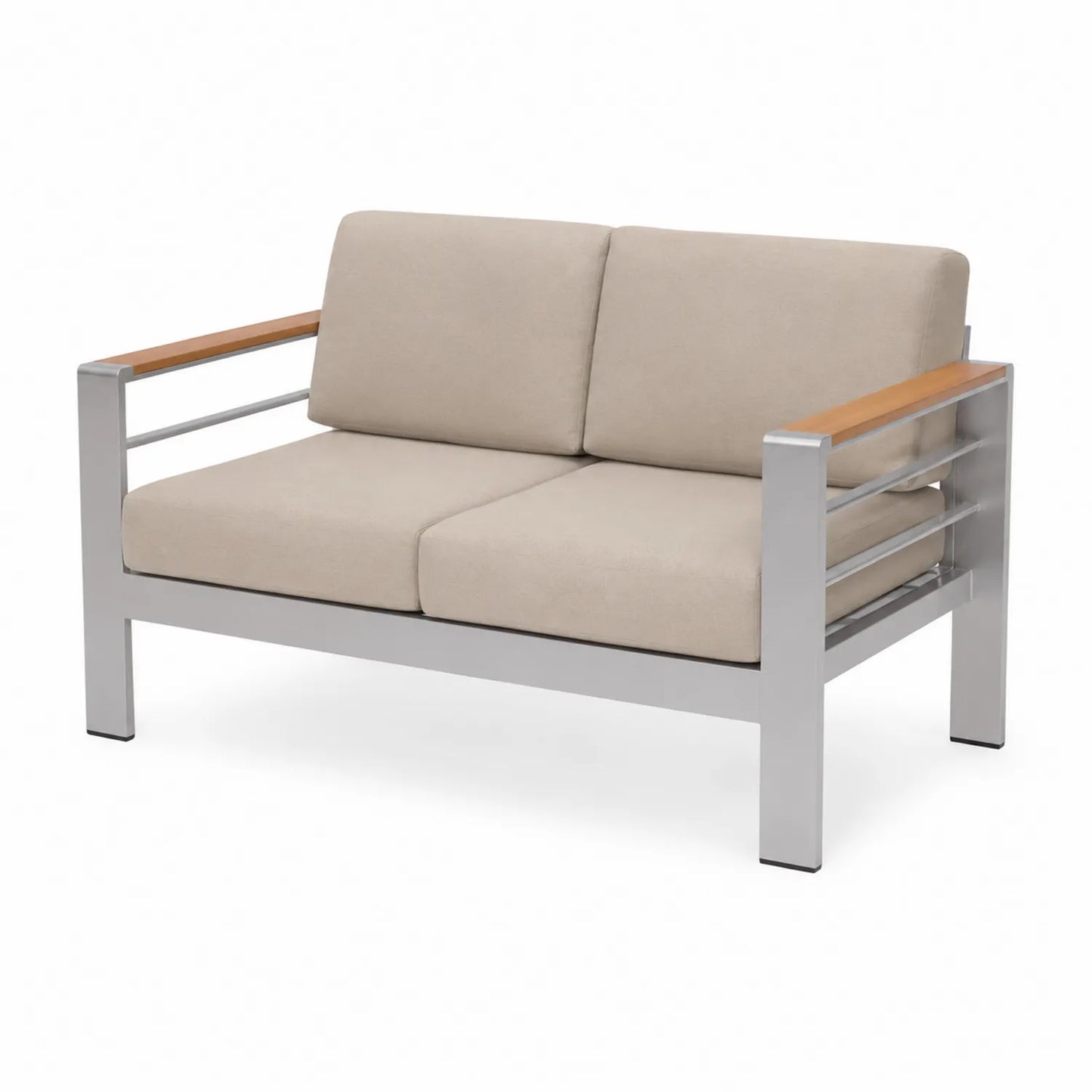 Divano da esterno in metallo con braccioli in legno e cuscini beige
