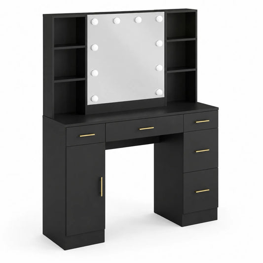 Consolle da trucco in MDF nero con specchio illuminato