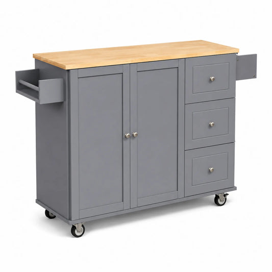 Carrello da cucina con 2 ante e 3 cassetti in legno MDF e gomma, grigio