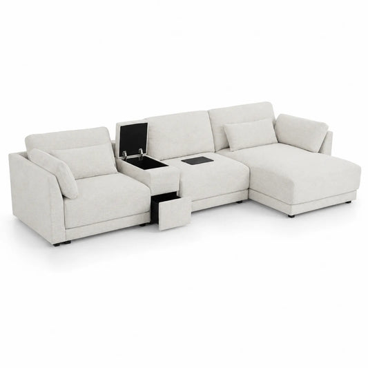 Divano ad angolo in tessuto con vano portaoggetti Beige