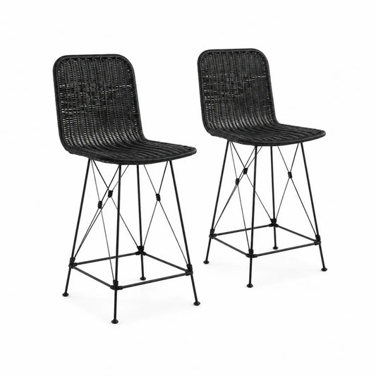 Set di 2 sgabelli da bar in rattan nero con struttura in metallo, altezza 102 cm