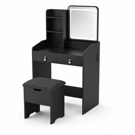 Tavolo da Toelette in Legno Nero con Specchio e Sgabello