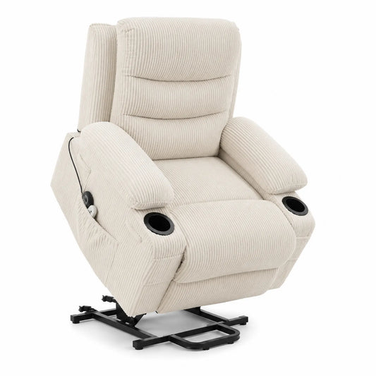 Poltrona Reclinabile in Tessuto a Costine Beige con Porta Bicchieri