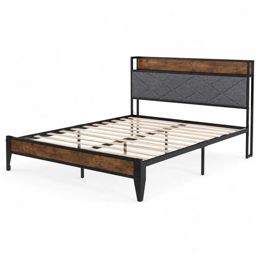Letto matrimoniale in metallo e legno con testiera in tessuto 200x160 cm