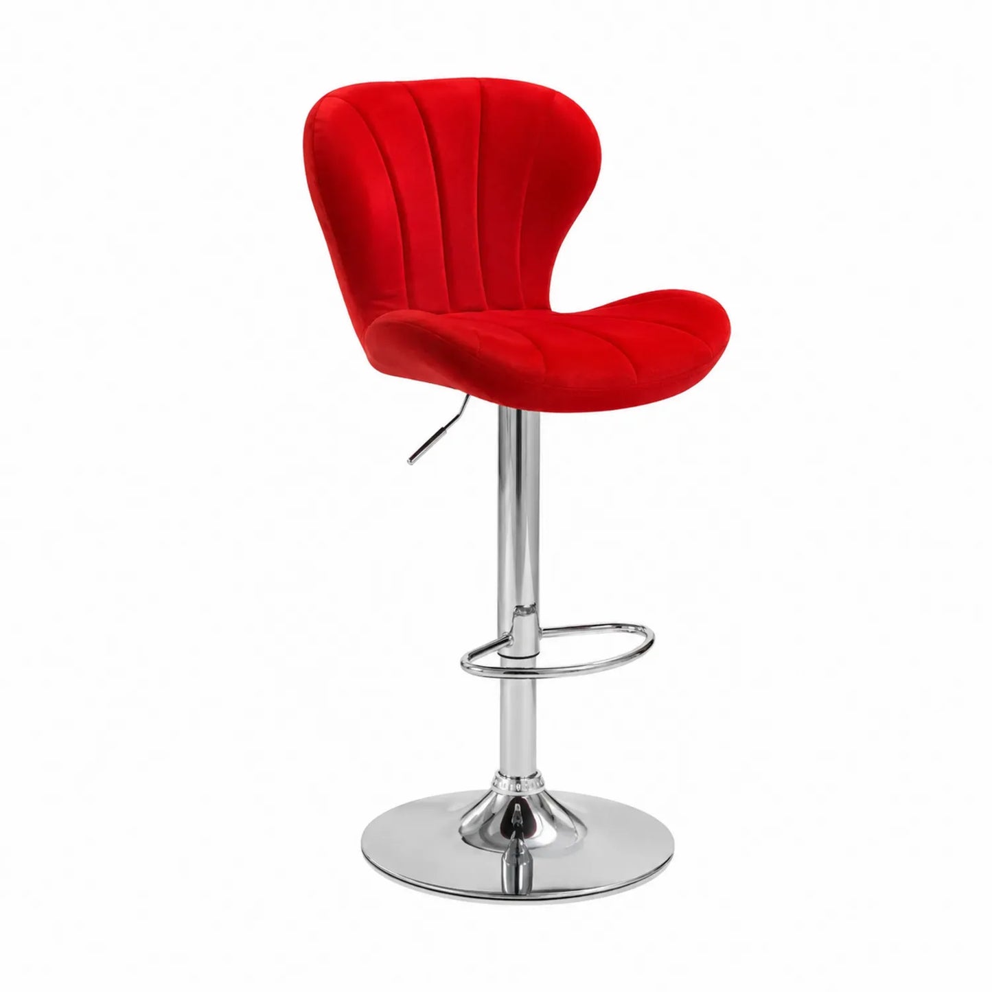 Sgabello da bar in velluto rosso con struttura in acciaio cromato