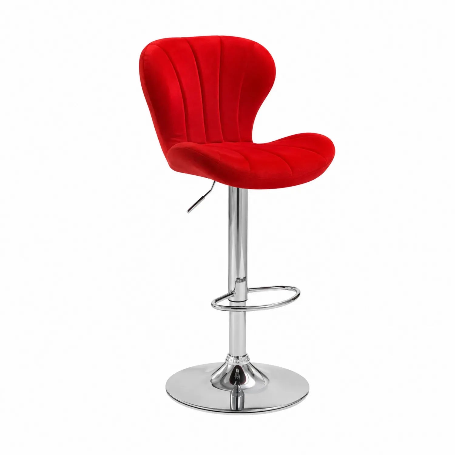 Sgabello da bar in velluto rosso con struttura in acciaio cromato
