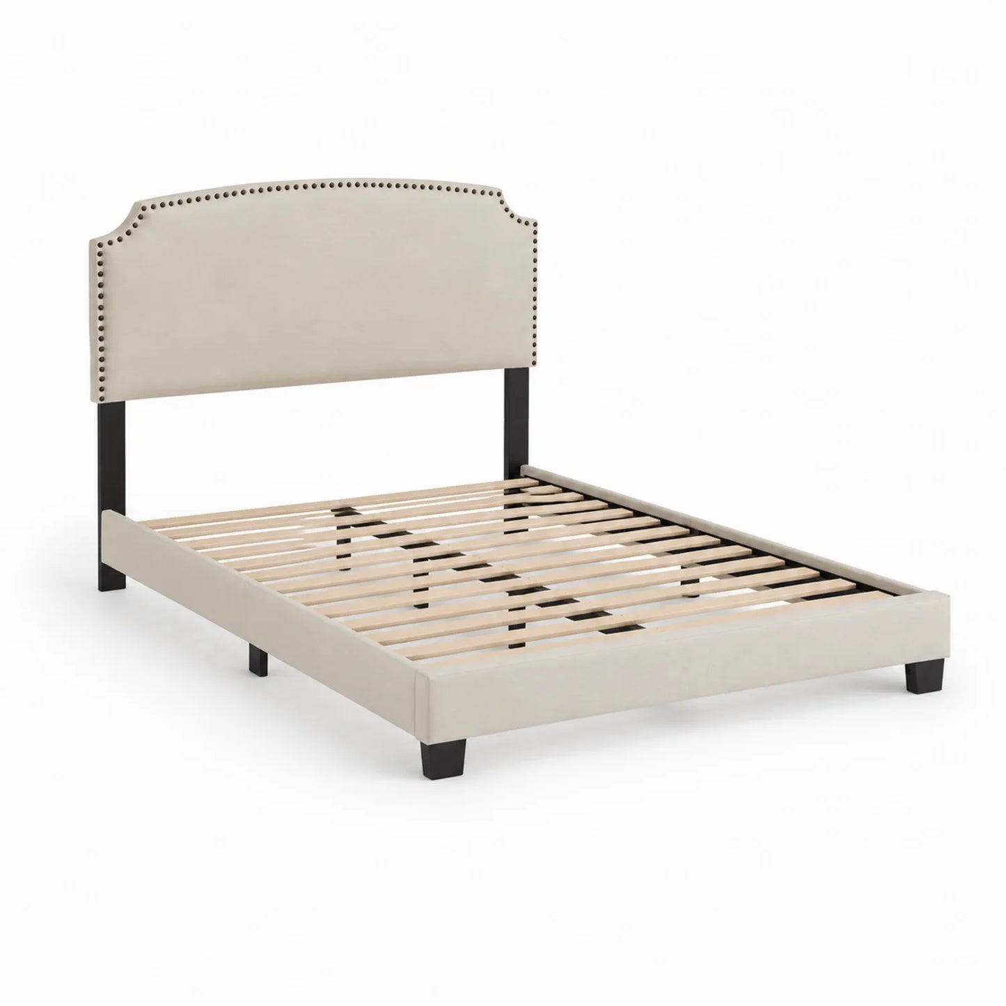 Letto matrimoniale in legno rivestito in tessuto poliestere beige