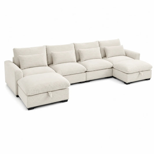 Divano modulare in tessuto crema con chaise longue